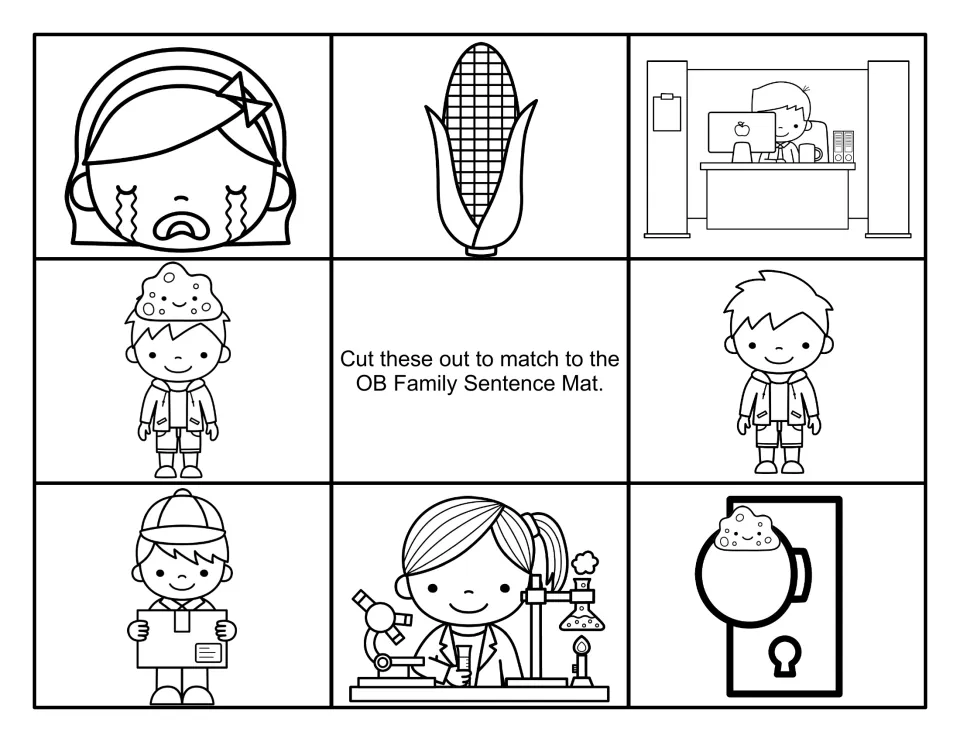 Black-and-white sentence picture cards to cut out, including slime on a door knob, a scientist in a lab and a crying girl