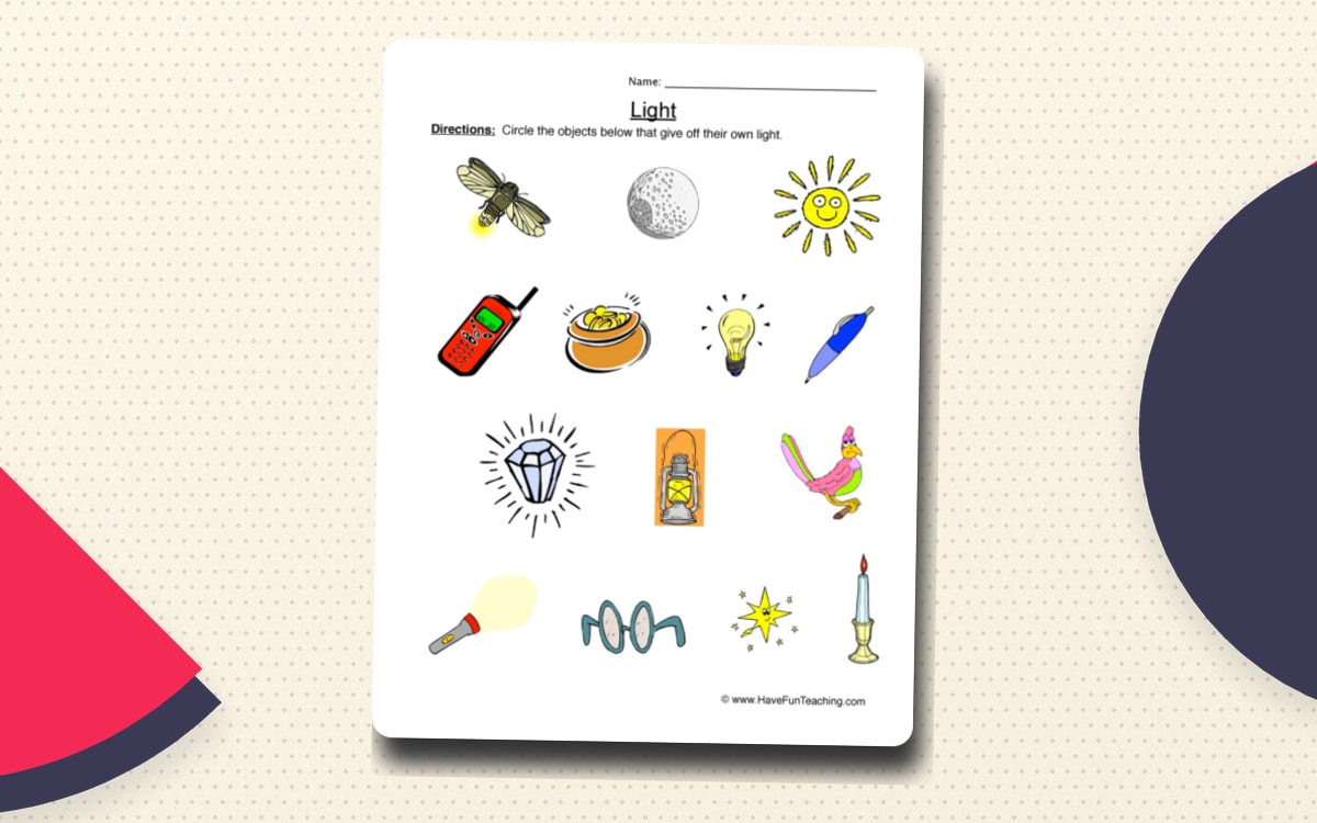 Objects that Give off Light Worksheet preview: Picture set of varied objects