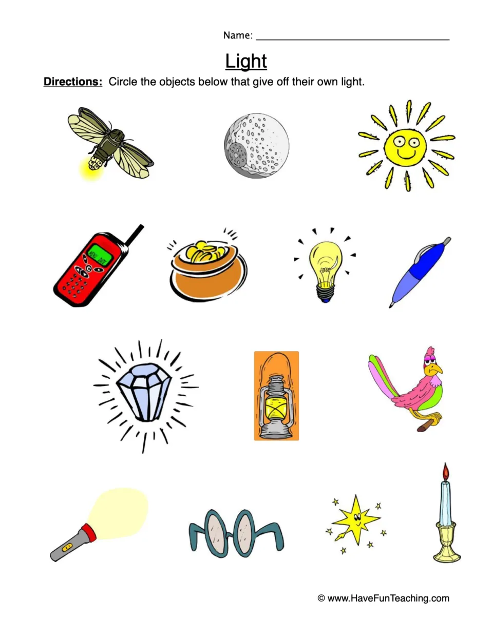 Light sources: students circle objects that give off their own light, from a firefly and candle to the moon and glasses