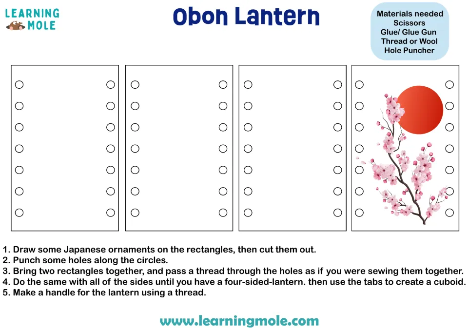 Obon lantern craft: students decorate four panels with Japanese designs, punch holes and sew them into a cuboid lantern