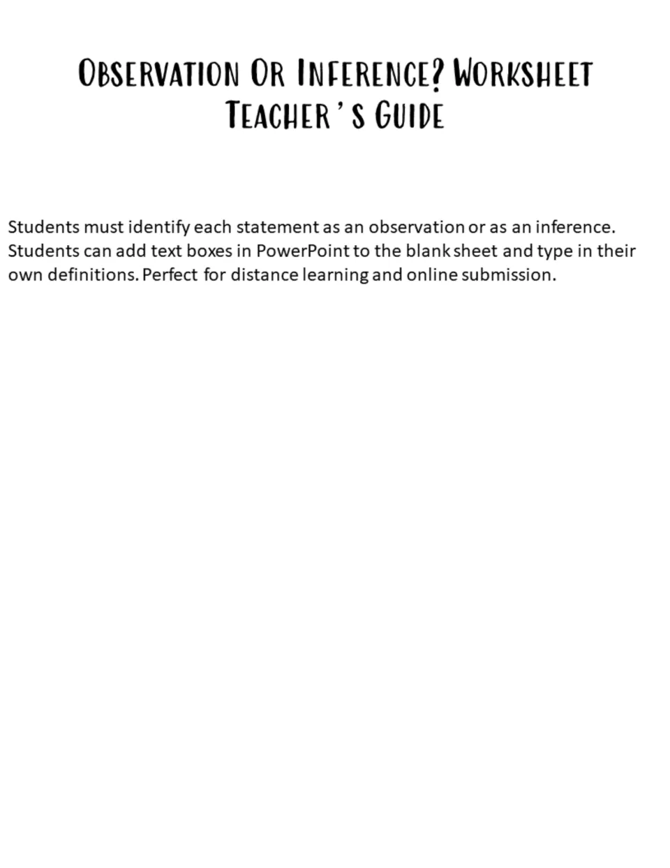 Teacher guide for classifying statements as observations or inferences and adding text boxes in PowerPoint.