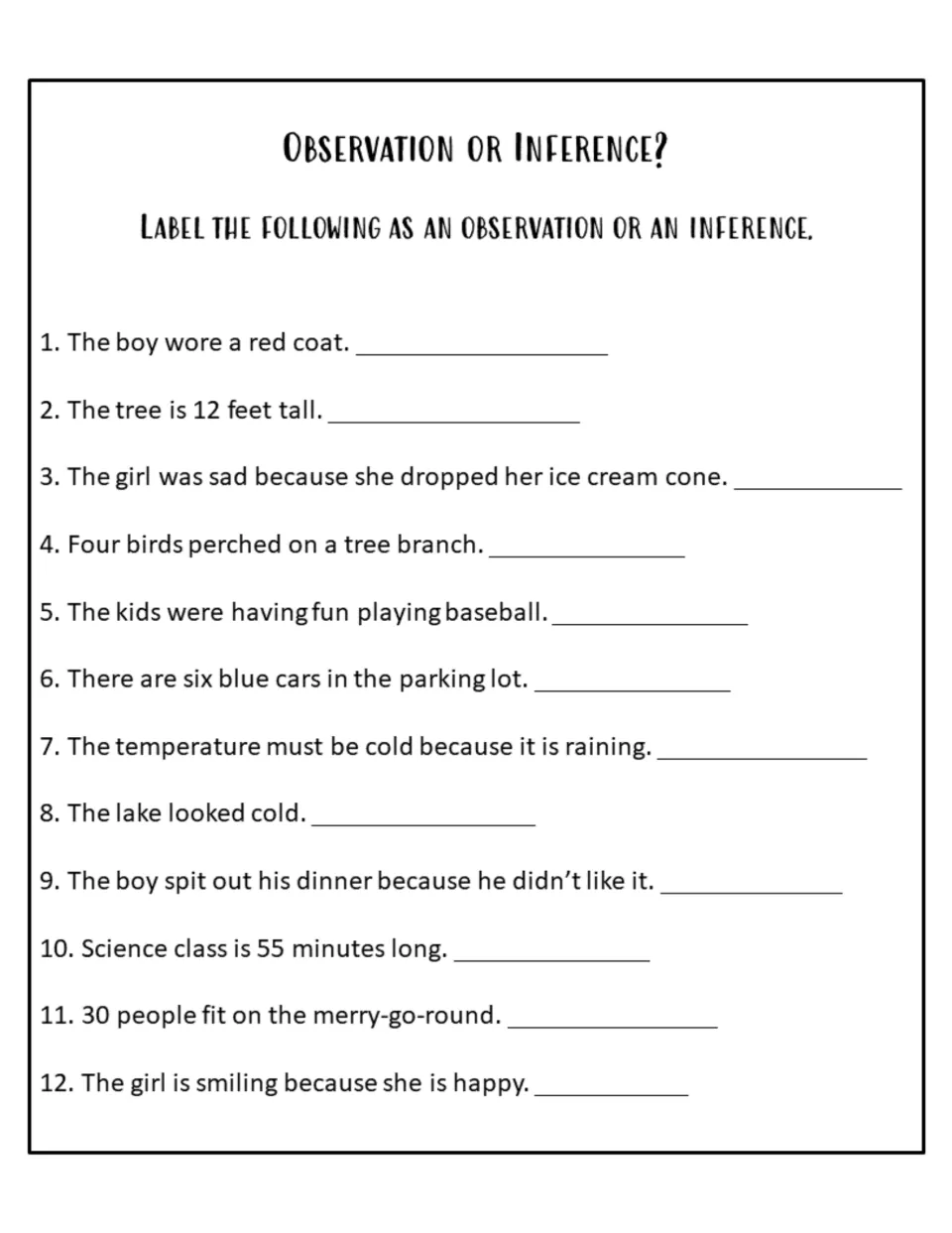 Classification worksheet: 12 statements about a red coat, tree height, dropped ice cream, birds and more.