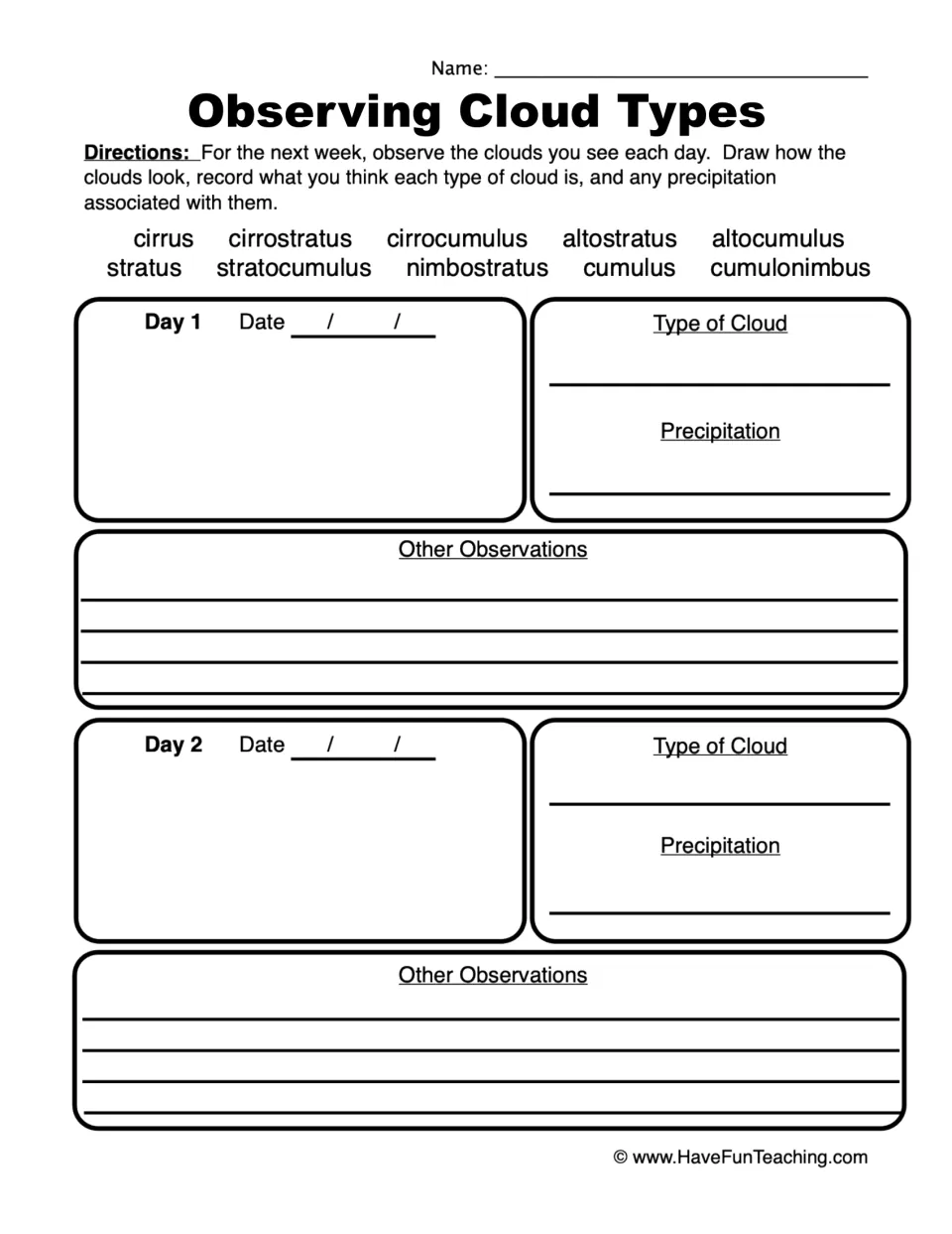 Cloud observation log, days 1-2: students sketch the sky, name the cloud type from a 10-word bank and note precipitation