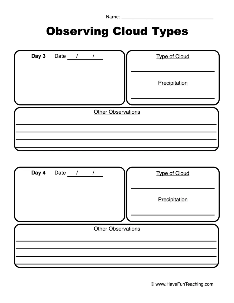 Cloud observation log, days 3-4: students draw each day's clouds, identify the type, record precipitation and other notes