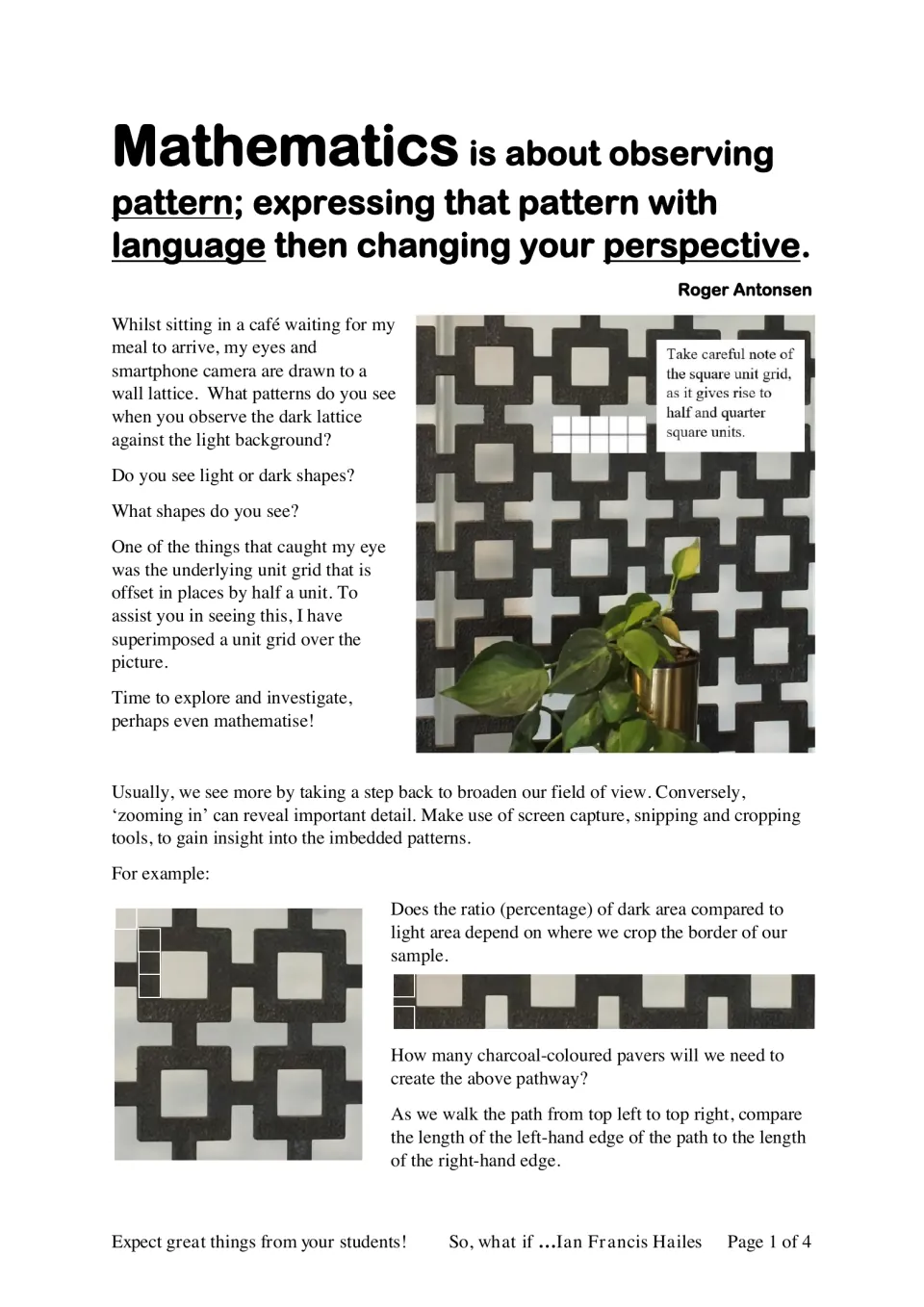 Café wall lattice photo with unit grid: students look for light and dark shapes and compare dark to light area by cropping