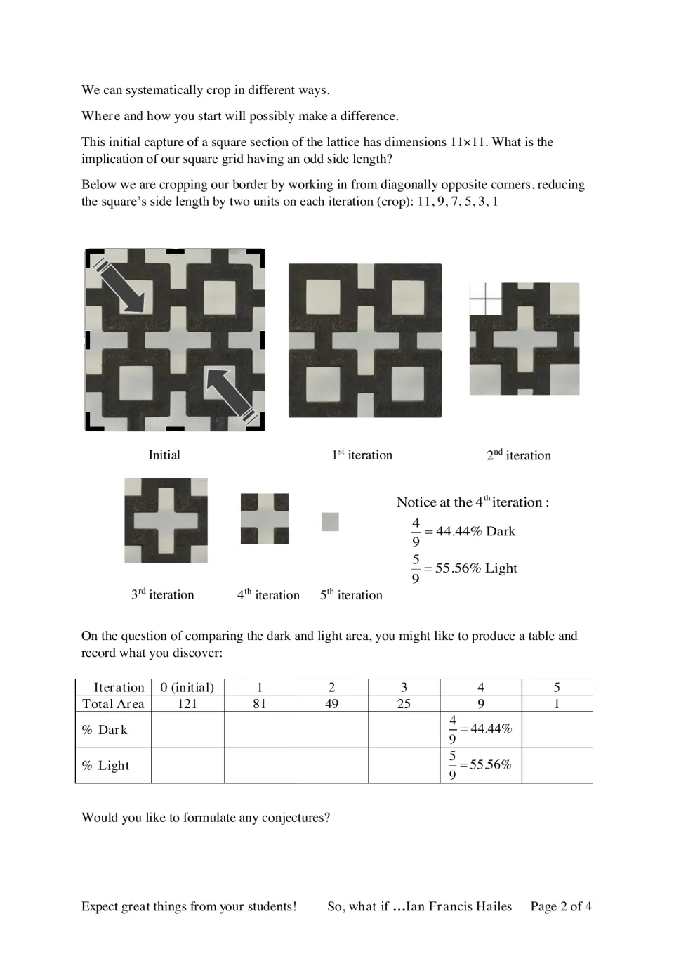 Cropping an 11×11 lattice square from opposite corners: students record % dark and light area for each iteration in a table