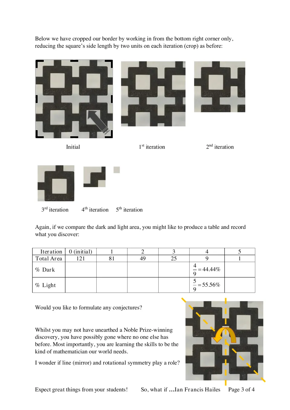 Bottom-right corner crops of the lattice: students redo the dark/light area table and ask if symmetry plays a role