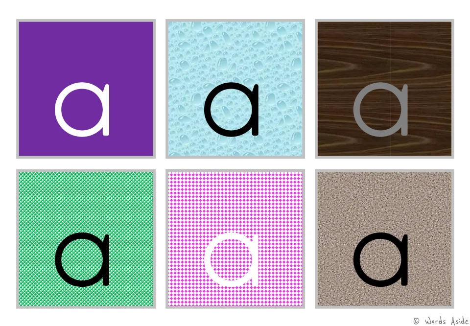 Figure-ground alphabet cards: six lowercase a cards on varied color backgrounds for visual perception practice.