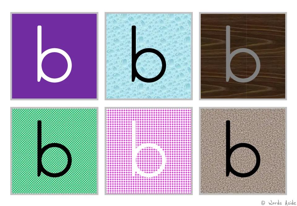 Figure-ground alphabet cards: six lowercase b cards on varied color backgrounds for visual perception practice.