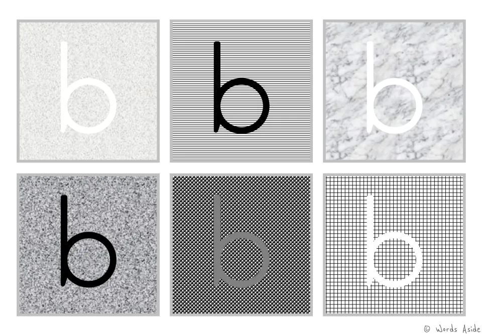 Figure-ground alphabet cards: six lowercase b cards on varied gray backgrounds for visual perception practice.