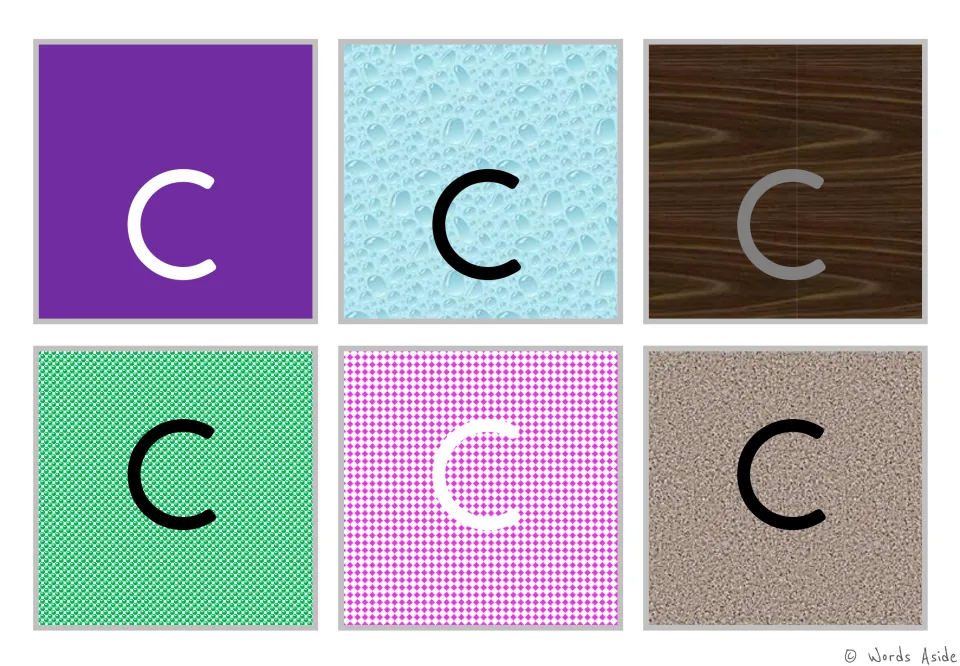 Figure-ground alphabet cards: six lowercase c cards on varied color backgrounds for visual perception practice.