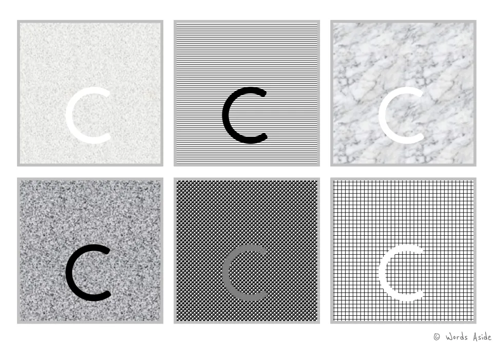 Figure-ground alphabet cards: six lowercase c cards on varied gray backgrounds for visual perception practice.