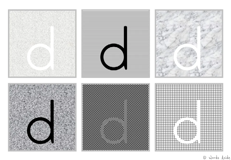Figure-ground alphabet cards: six lowercase d cards on varied gray backgrounds for visual perception practice.
