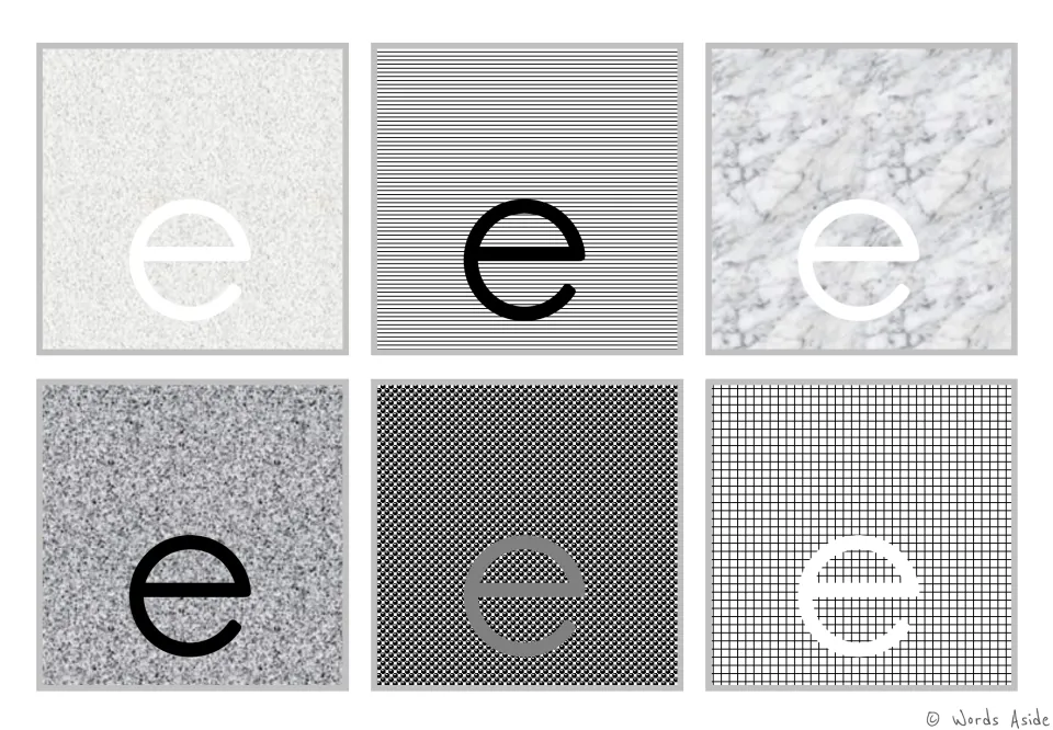 Figure-ground alphabet cards: six lowercase e cards on varied gray backgrounds for visual perception practice.