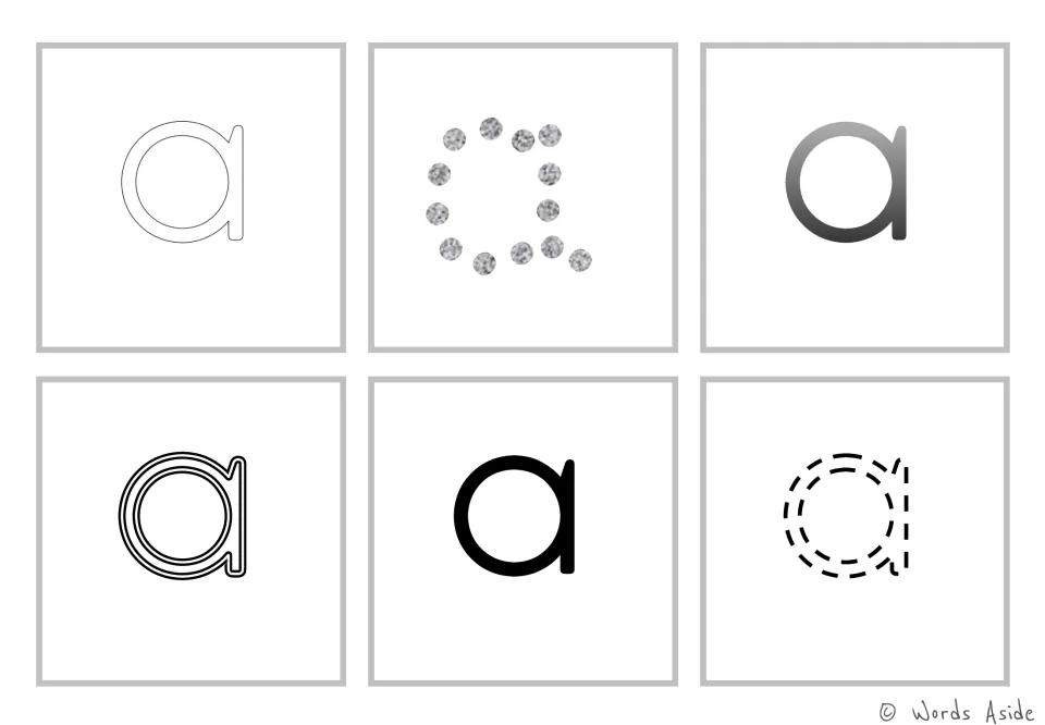 Lowercase a cards: six versions of the letter, including outlined, dotted, gradient, triple-line and dashed for tracing