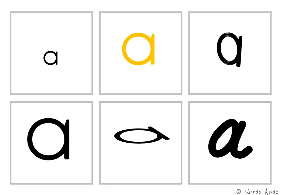 Lowercase a in six more styles: small, yellow, sketchy, large, stretched flat and bold cursive for letter recognition