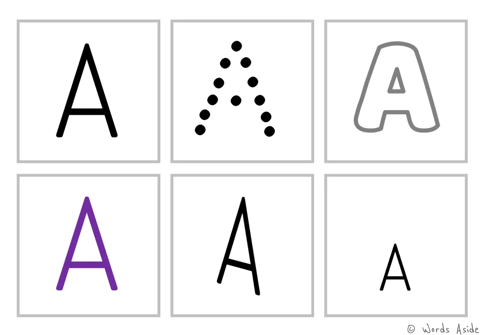 Uppercase A cards: plain, dot-to-dot, bubble outline, purple, hand-drawn and small versions for letter recognition