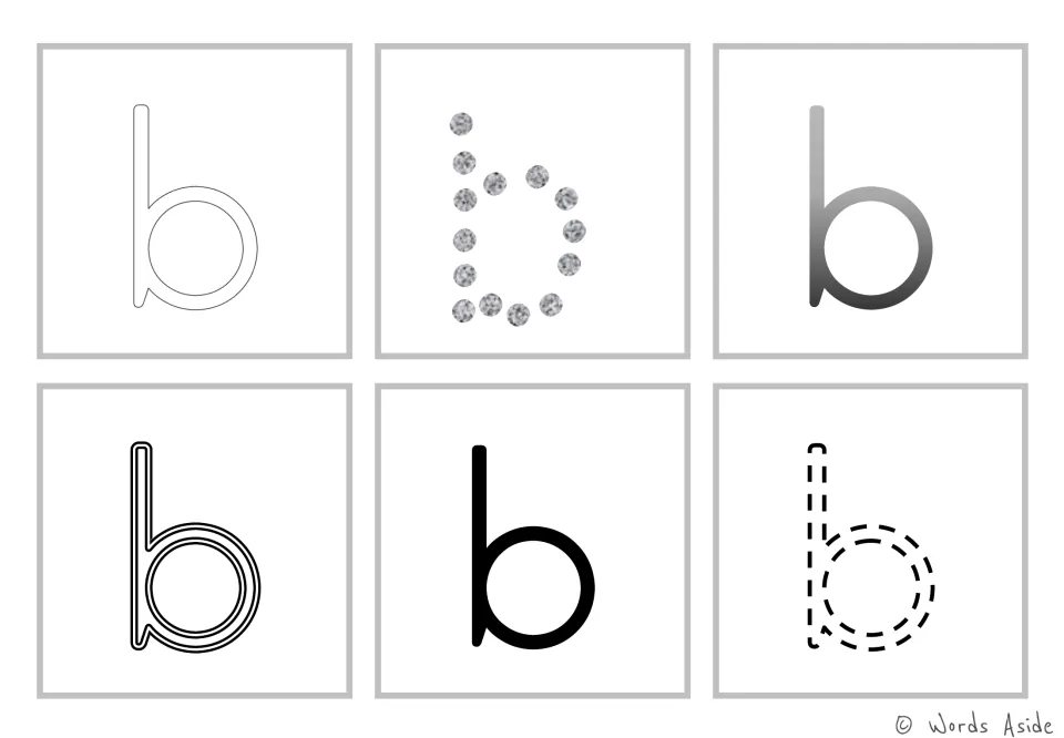 Lowercase b cards: six versions including hollow outline, dotted, gradient, triple-line, solid and dashed for tracing