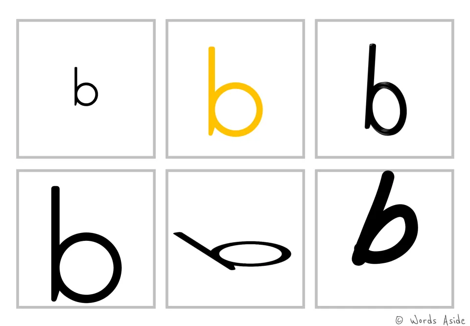 Lowercase b in six styles: small, yellow, sketchy, large, flattened sideways and bold italic for recognizing b
