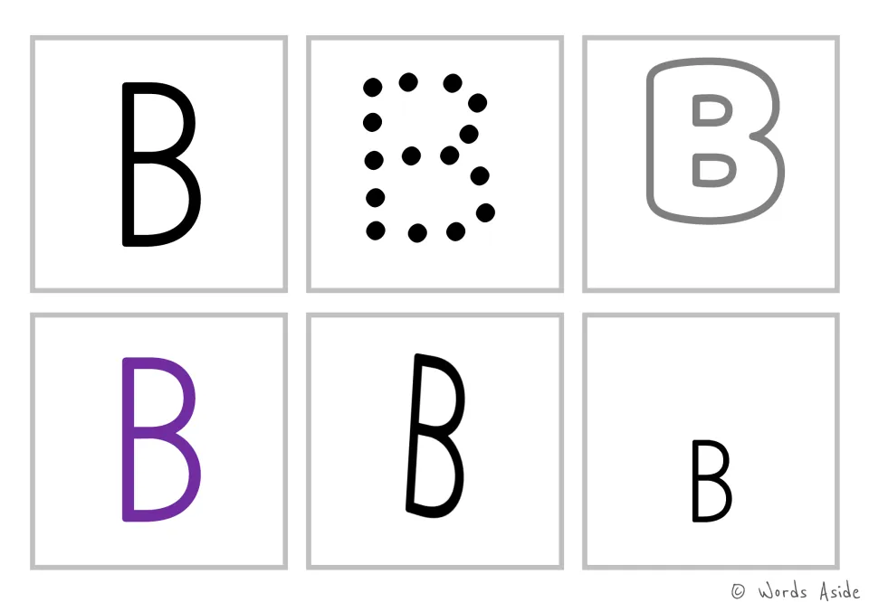 Uppercase B cards: plain, dot-to-dot, bubble outline, purple, hand-drawn and small B for recognizing the capital