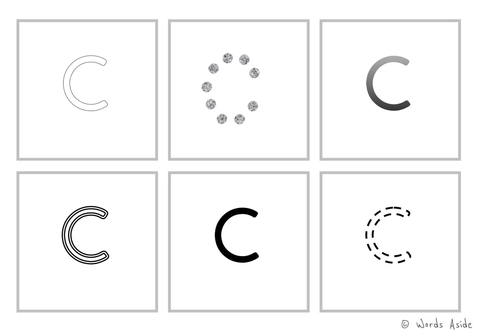 Lowercase c cards: outlined, dotted, gradient, triple-line, solid and dashed c shapes for tracing and letter formation