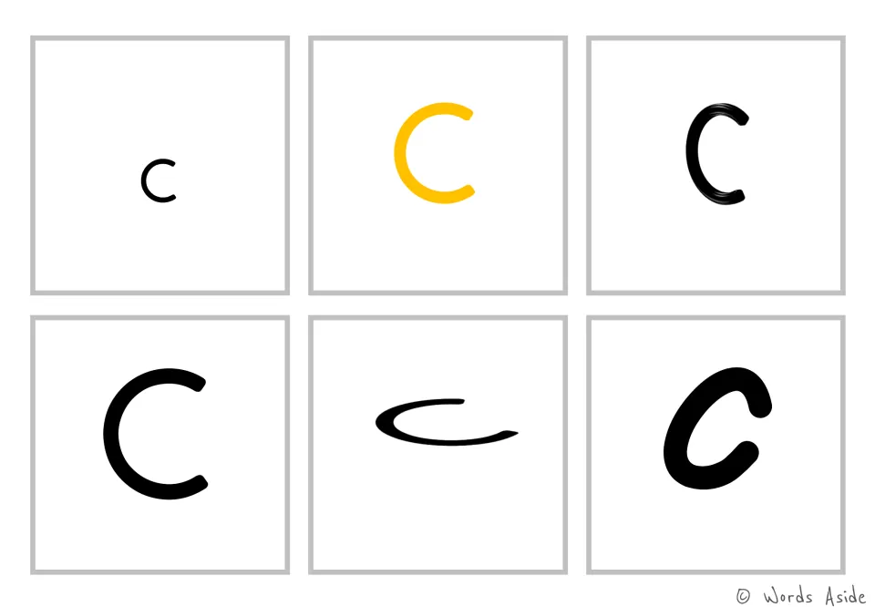 Lowercase c in varied styles: small, yellow, sketchy, large, stretched flat and bold slanted versions to recognize