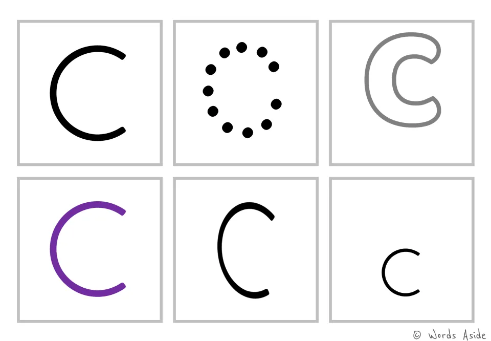 Uppercase C cards: plain, dot-to-dot, bubble outline, purple, hand-drawn and small C for visual letter recognition