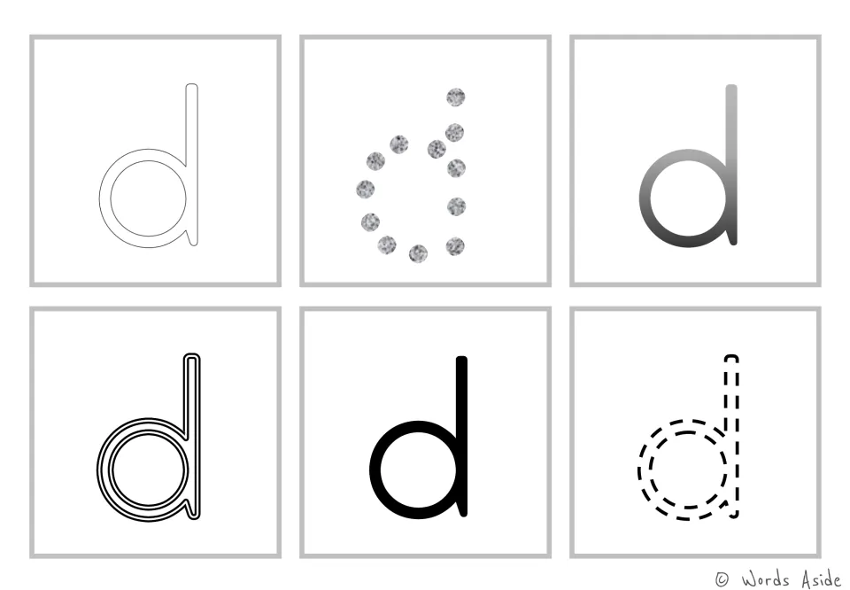 Lowercase d cards: hollow outline, dotted, gradient, triple-line, solid and dashed d shapes for tracing practice