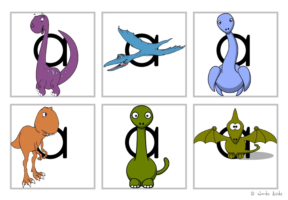 Letter a cards: six colour cards each show lowercase a behind a cartoon dinosaur, for letter recognition practice