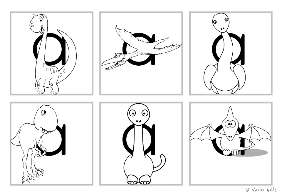 Letter a cards in black and white: six outline dinosaurs drawn over lowercase a, ready for students to colour in