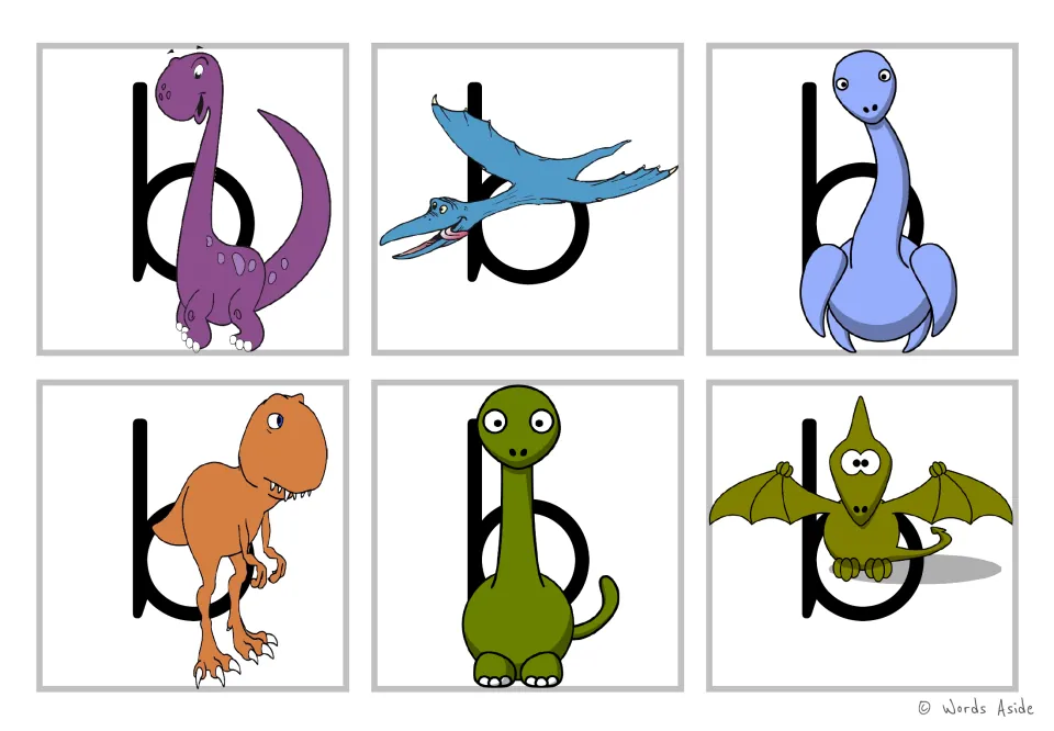 Letter b cards: six colour cards show lowercase b with a cartoon dinosaur standing in front, for recognising the letter b