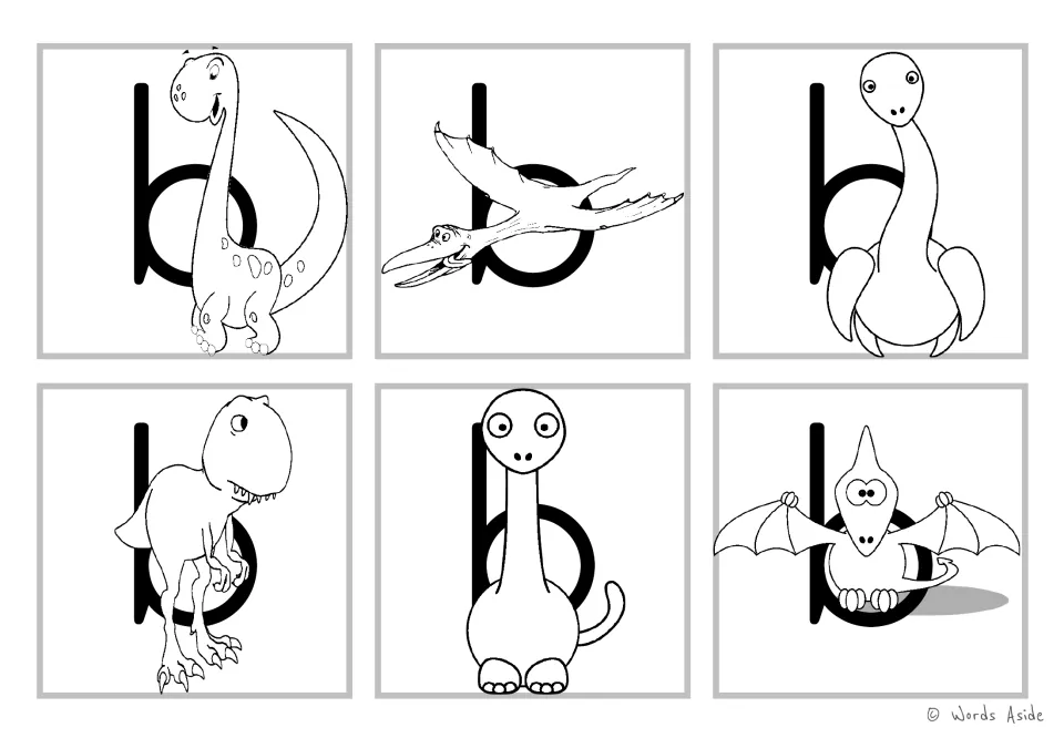 Letter b cards in black and white: outline long-neck, pterodactyl and T. rex drawings over a lowercase b on six cards