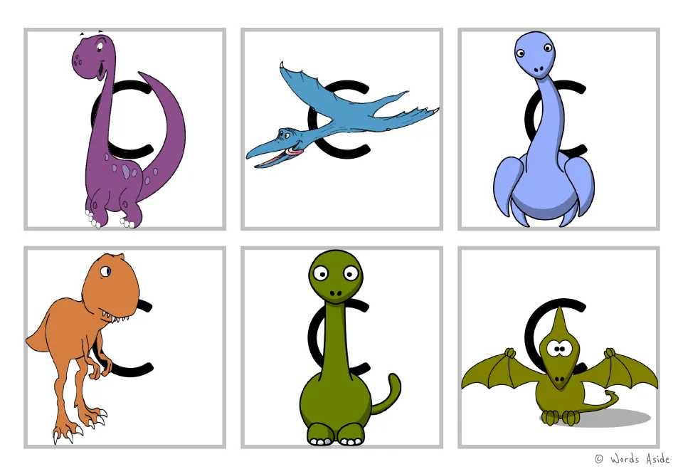 Letter c cards: six colour cartoon dinosaurs, including a T. rex and two pterodactyls, placed over a lowercase c