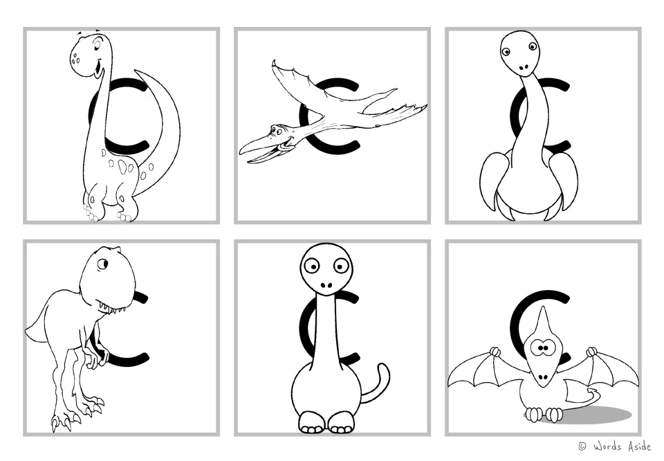 Letter c cards in black and white: six uncoloured dinosaur outlines over lowercase c for letter c recognition