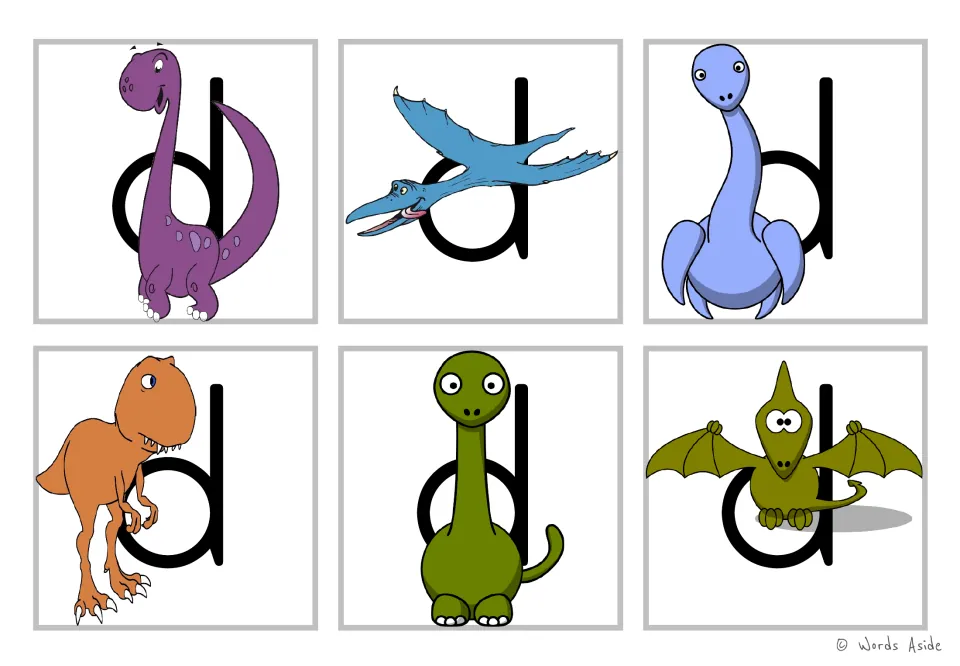 Letter d cards: six colour cards show lowercase d behind purple, blue, orange and green dinosaurs for letter d recognition