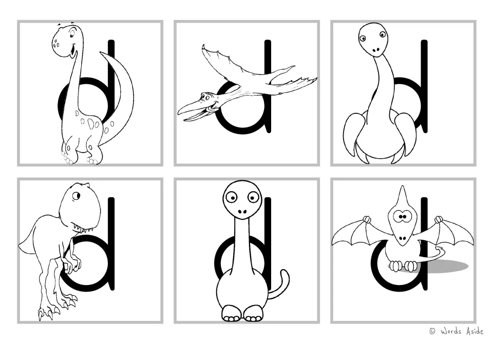 Letter d cards in black and white: six outline dinosaurs, from a long-neck to a winged pterodactyl, over lowercase d
