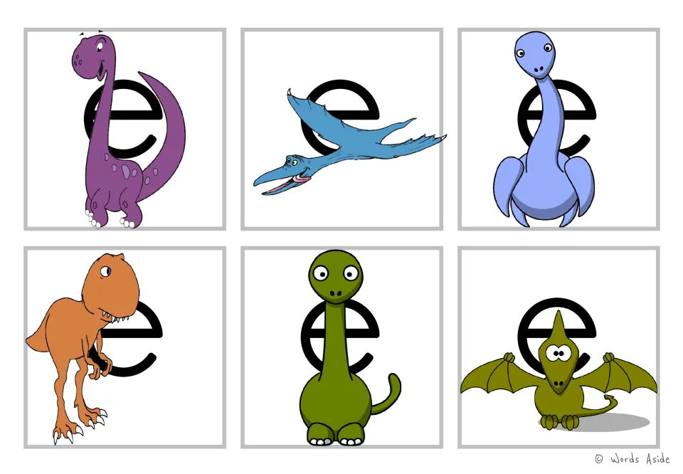 Letter e cards: six colour cartoon dinosaurs set over a lowercase e on each card, for recognising the letter e