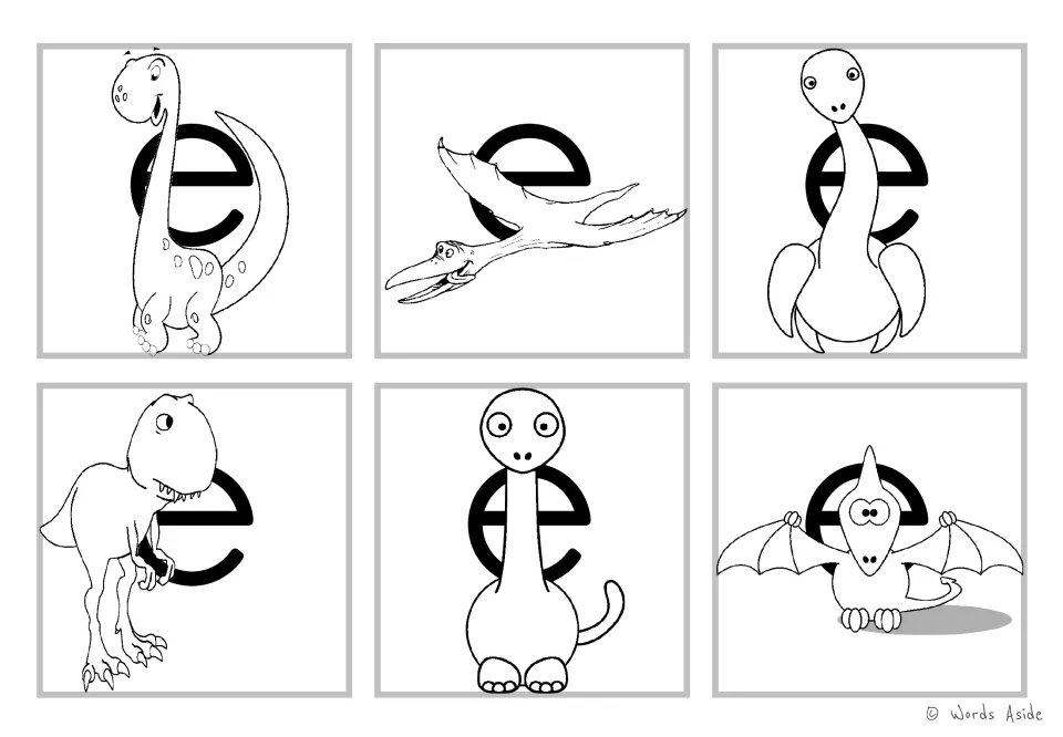 Letter e cards in black and white: outline dinosaurs drawn over lowercase e on all six cards, left plain for colouring