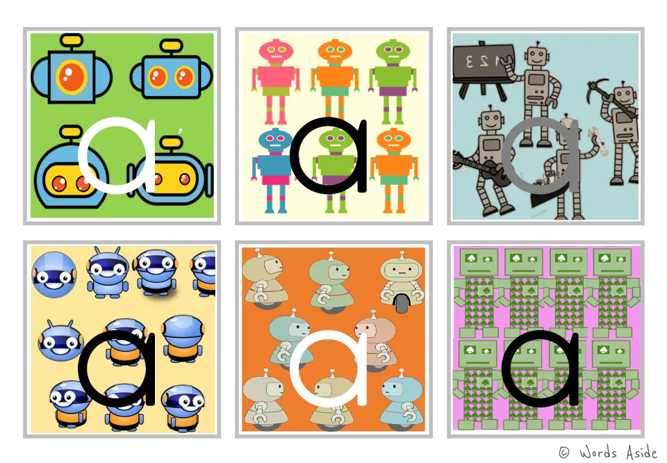 Lowercase a figure-ground alphabet flashcards: six robot-themed cards in color for letter recognition.