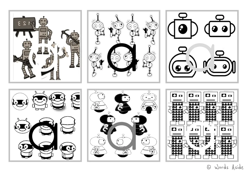 Lowercase a figure-ground alphabet flashcards: six robot-themed cards in black and white for letter recognition.