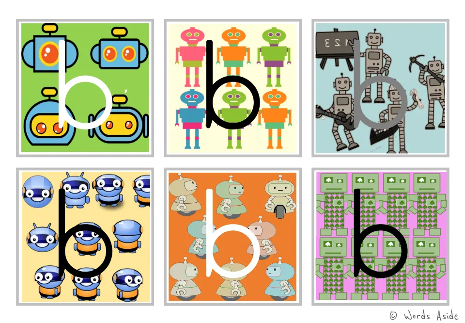 Lowercase b figure-ground alphabet flashcards: six robot-themed cards in color for letter recognition.