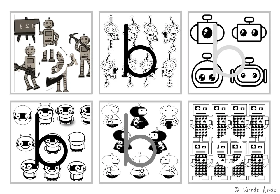 Lowercase b figure-ground alphabet flashcards: six robot-themed cards in black and white for letter recognition.