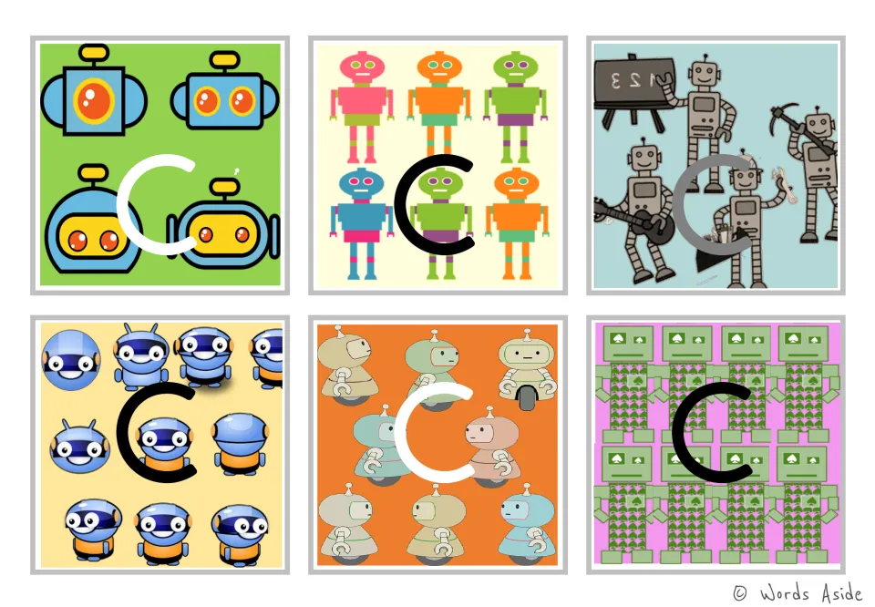 Lowercase c figure-ground alphabet flashcards: six robot-themed cards in color for letter recognition.