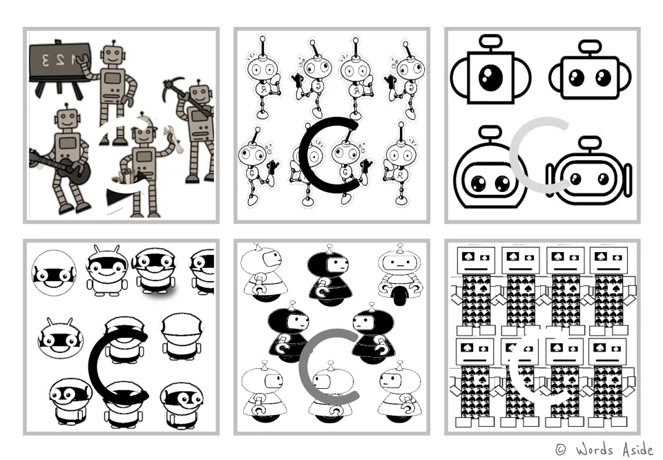Lowercase c figure-ground alphabet flashcards: six robot-themed cards in black and white for letter recognition.