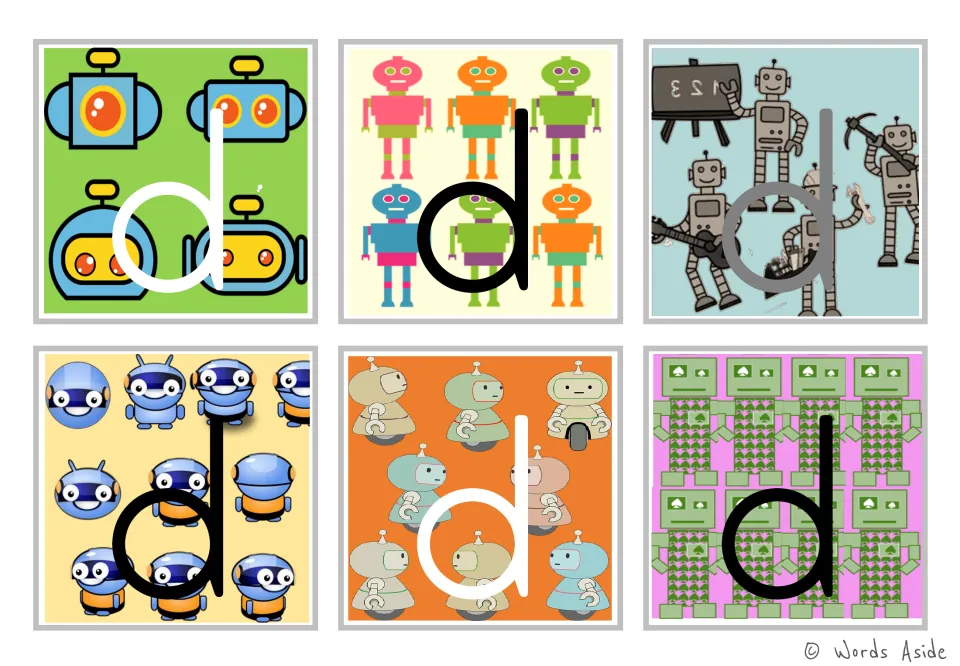 Lowercase d figure-ground alphabet flashcards: six robot-themed cards in color for letter recognition.