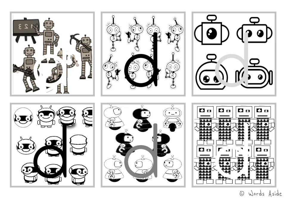 Lowercase d figure-ground alphabet flashcards: six robot-themed cards in black and white for letter recognition.