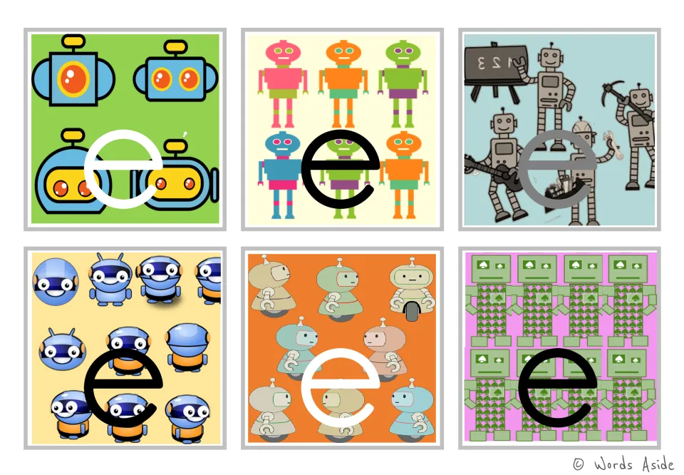 Lowercase e figure-ground alphabet flashcards: six robot-themed cards in color for letter recognition.