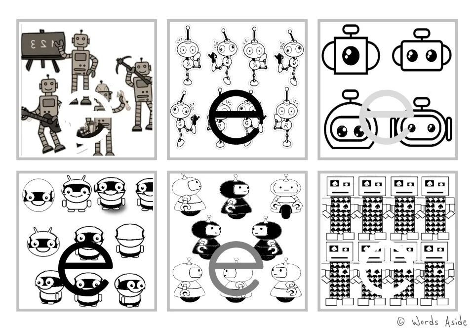 Lowercase e figure-ground alphabet flashcards: six robot-themed cards in black and white for letter recognition.