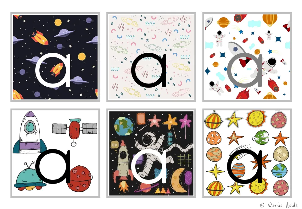Letter a cards: six color cards show lowercase a in white, black or gray over rockets, astronauts, planets and stars