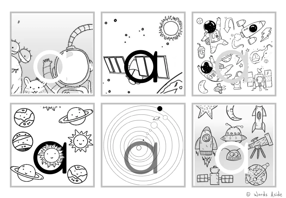 Letter a in black and white: six cards set lowercase a over line-drawn astronauts, a satellite, smiling planets and orbits